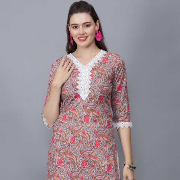 Women's V-Neck Floral Print Cotton Kurta (multicolor)