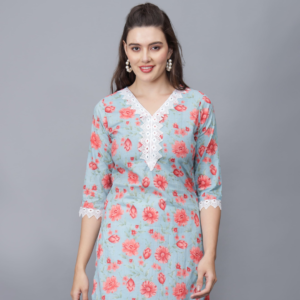 Women's V-Neck Floral Print Cotton Kurta (Sea Blue) - etraana.com