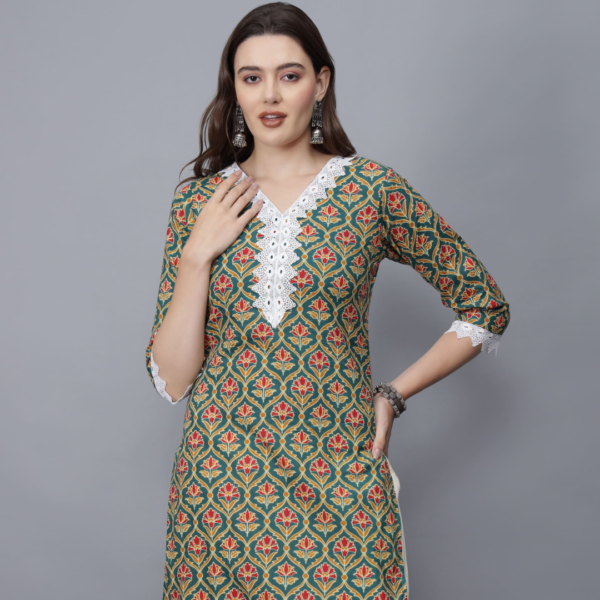 Women's V-Neck Floral Print Cotton Kurta (Green)- Etraana.com