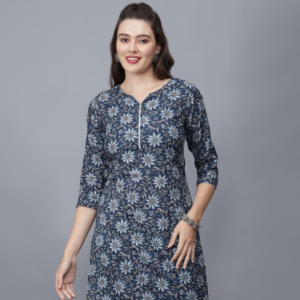 Women's Floral Print Pure Cotton Kurta (Blue) -etraana.com