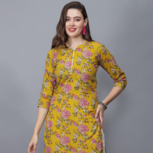 Women's Floral Print Pure Cotton Kurta (Mustard) -etraana.com