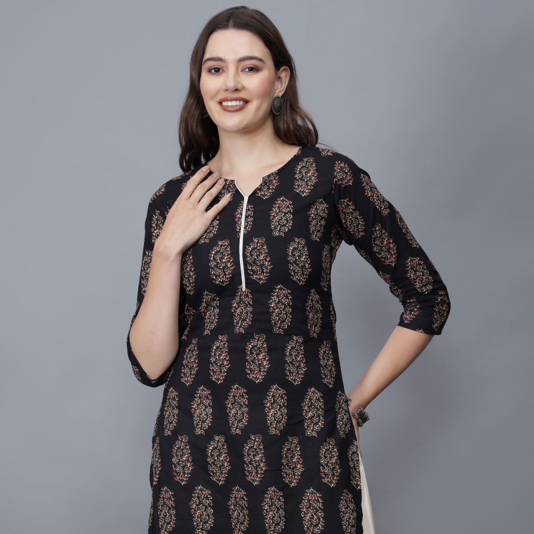 Women's Floral Print Pure Cotton Kurta (Black)-etraana.com