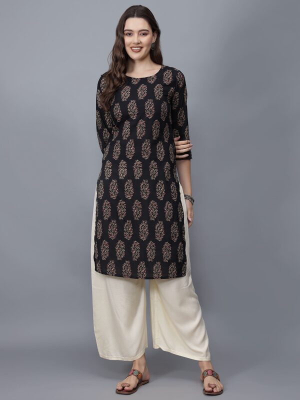 Women's Black Round Neck Cotton Straight Kurta - Etraana