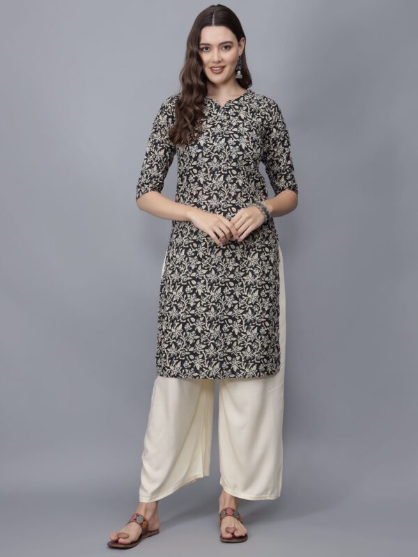 Women's Black Floral Print Pure Cotton Kurta - Etraana