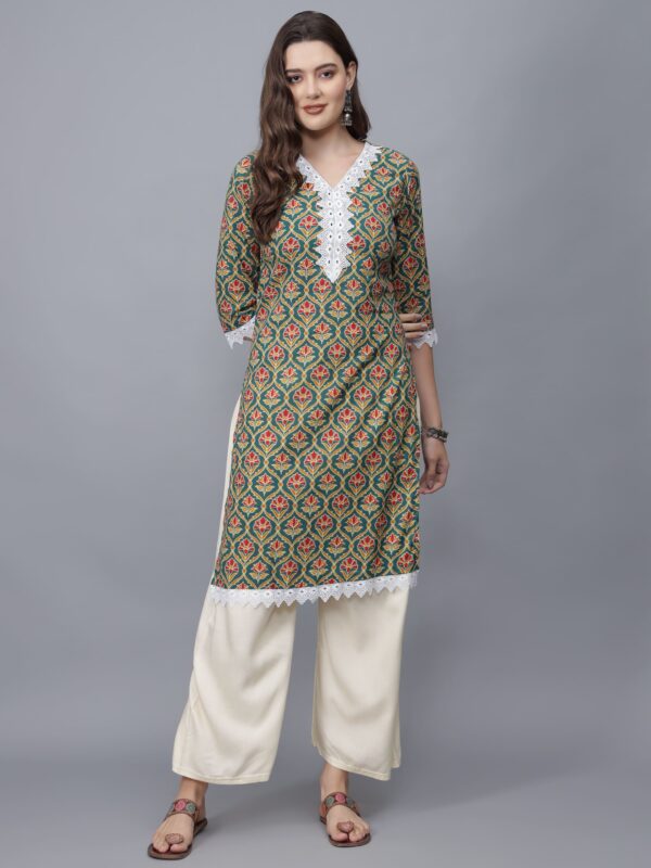 Women's V-Neck Floral Print Cotton Kurta (Green)- Etraana.com