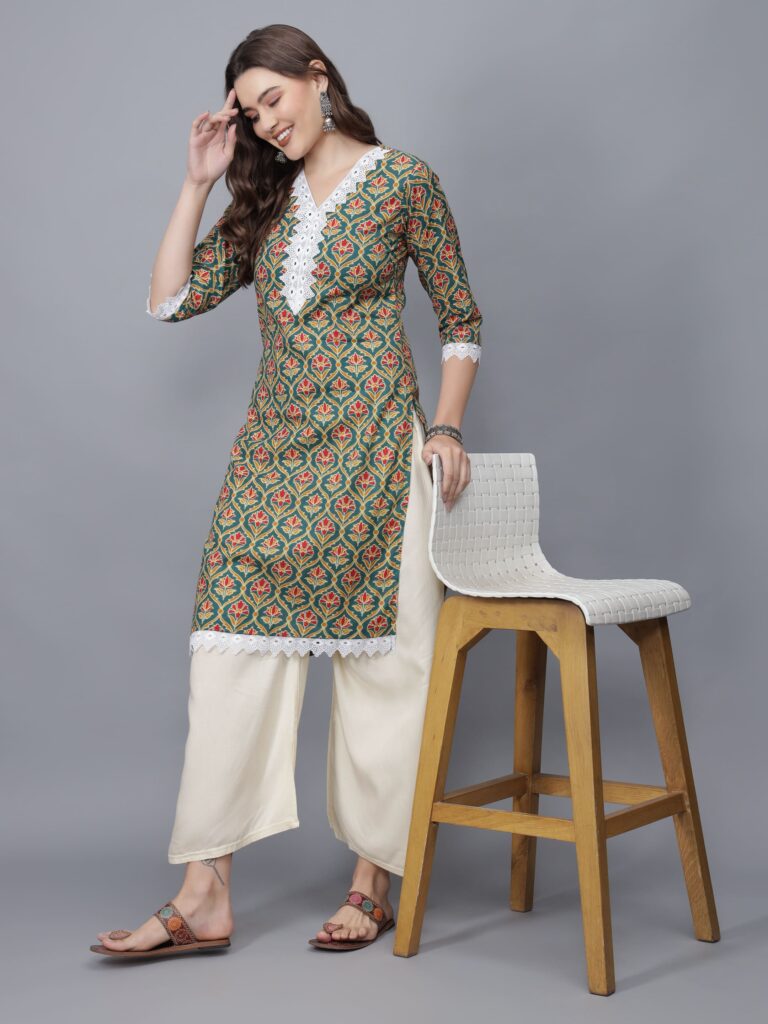 Women's V-Neck Floral Print Cotton Kurta (Green)- Etraana.com