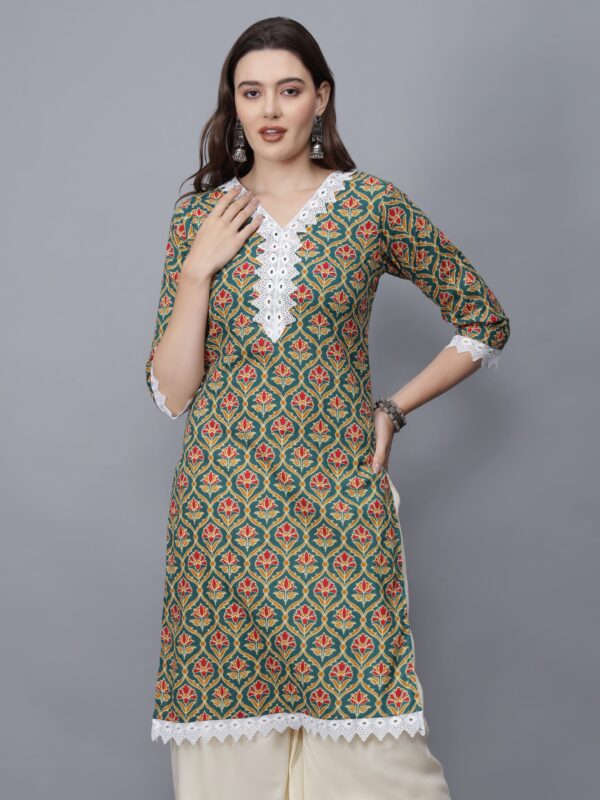 Women's V-Neck Floral Print Cotton Kurta (Green)- Etraana.com