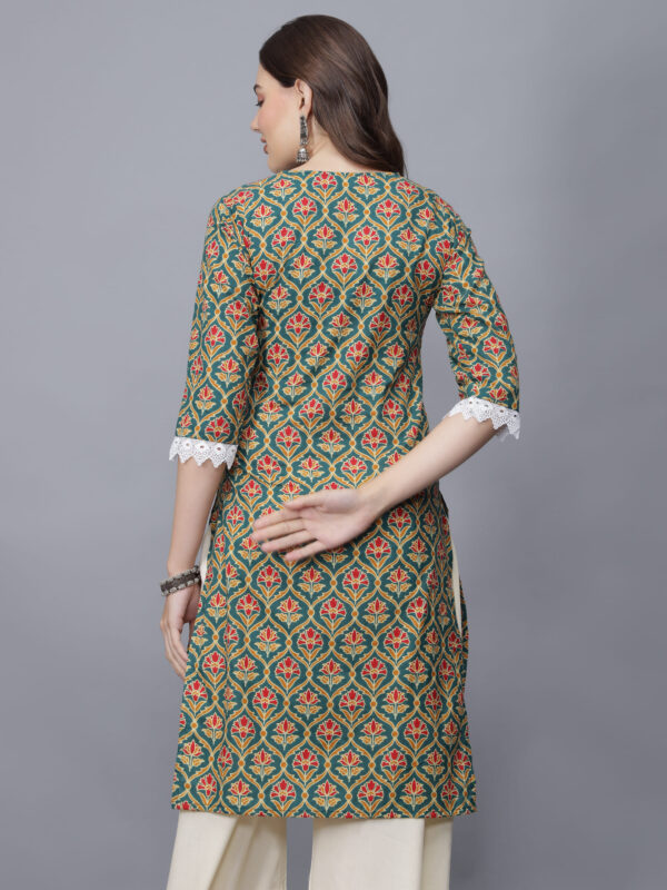 Women's V-Neck Floral Print Cotton Kurta (Green)- Etraana.com