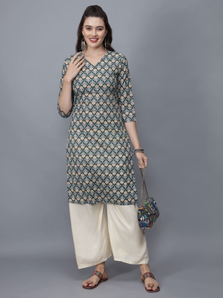 Women's U-Neck Floral Print Cotton Straight Kurta (Green) -Etraana.com