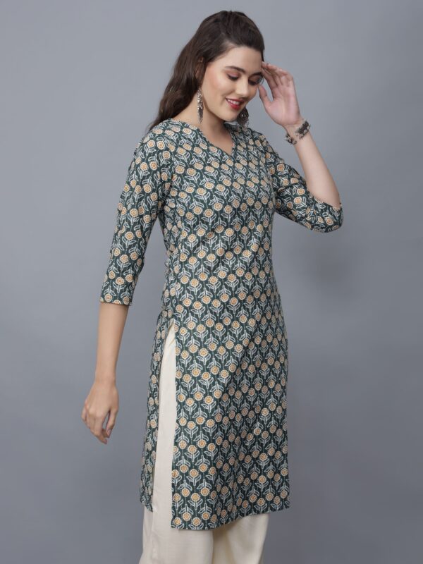 Women's U-Neck Floral Print Cotton Straight Kurta (Green) -Etraana.com