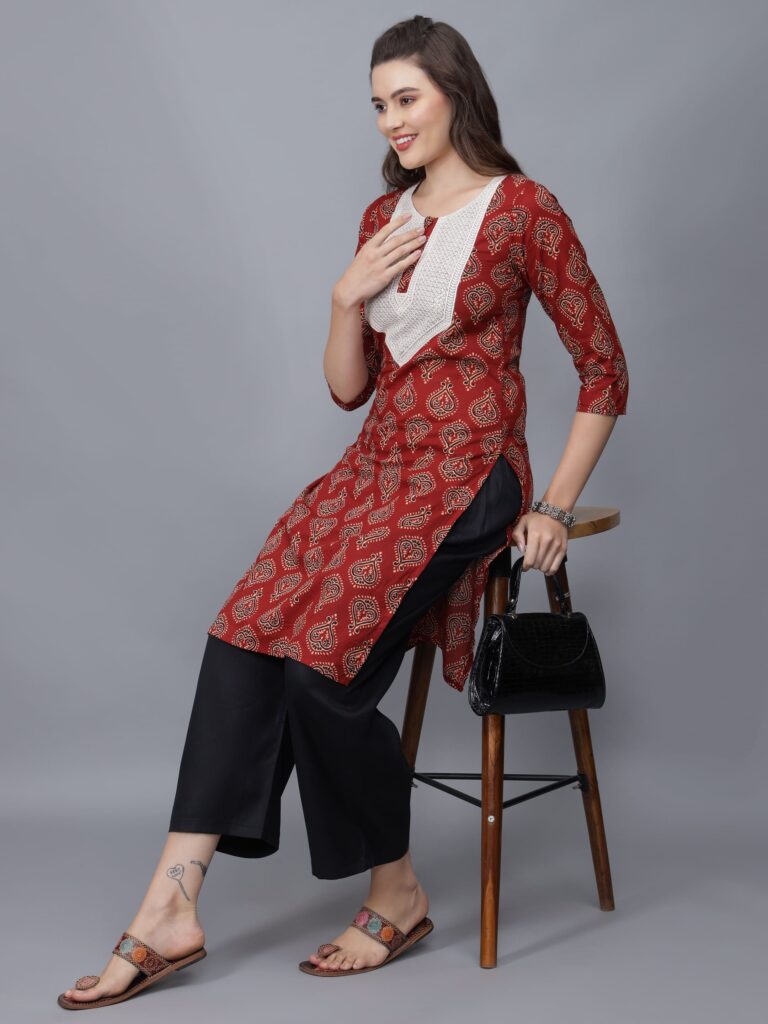 Women's Floral Print Cotton Kurta (Maroon) - Etraana.com
