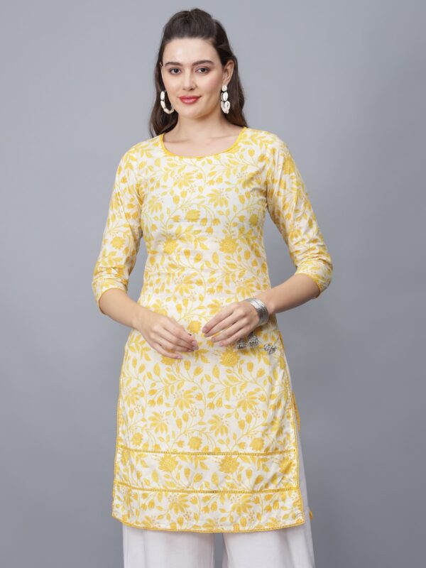 Women's Round-Neck Floral Print Cotton Kurta (Yellow) -Etraana.com