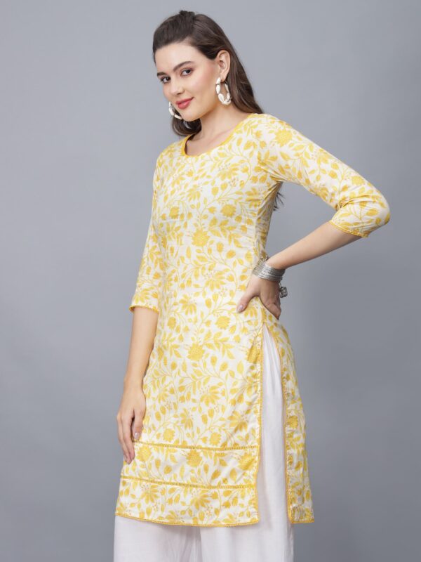 Women's Round-Neck Floral Print Cotton Kurta (Yellow) -Etraana.com