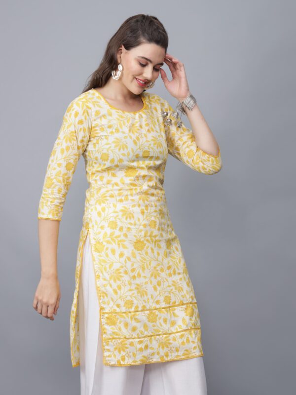 Women's Round-Neck Floral Print Cotton Kurta (Yellow) -Etraana.com