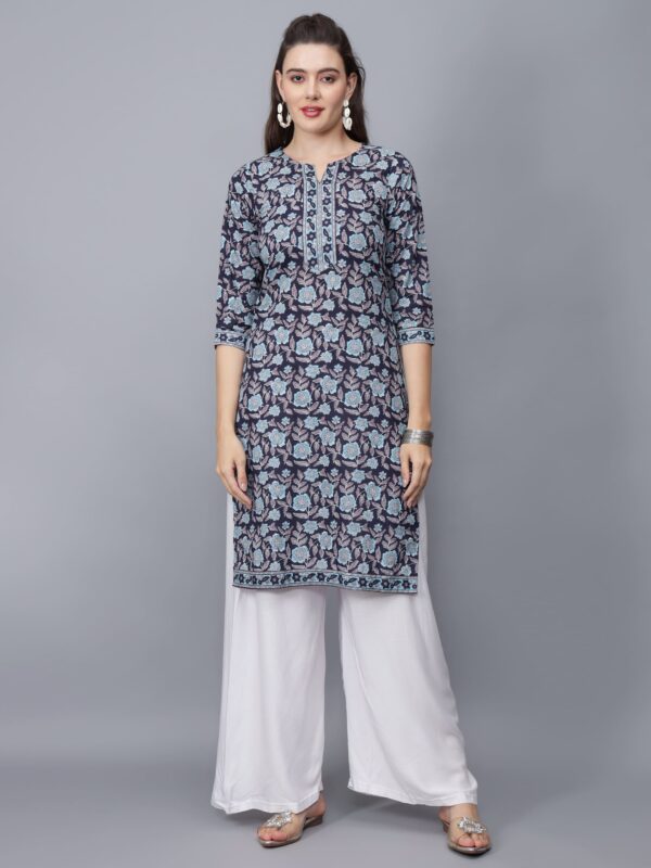 Women's Round Neck Floral Print Pure Cotton Kurta (Blue) -Etraana.com