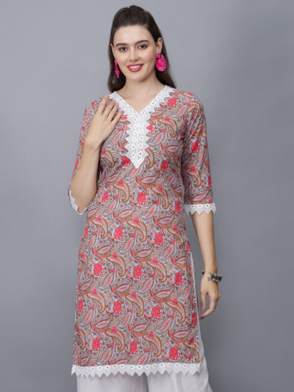 Women's V-Neck Floral Print Cotton Kurta (multicolor)-etraana.com