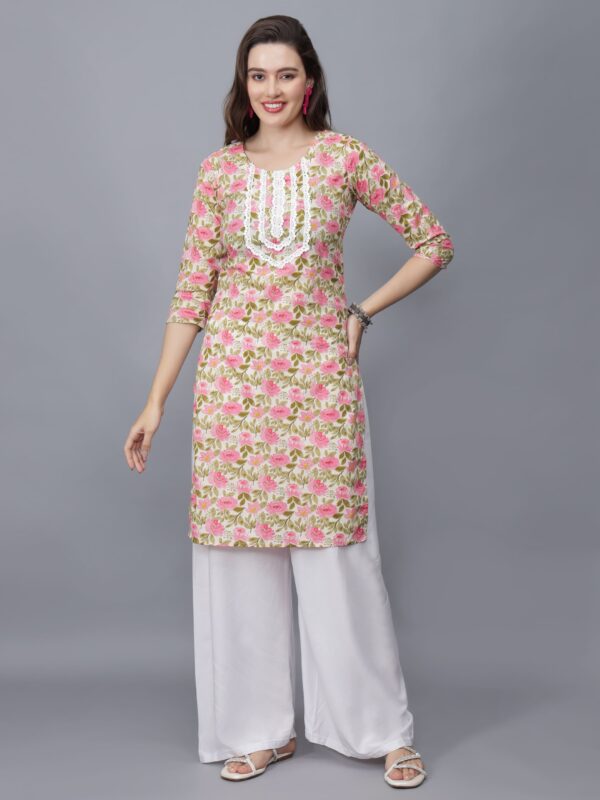 Women's Floral Print Pure Cotton Kurta (Beige) - Etraana.com