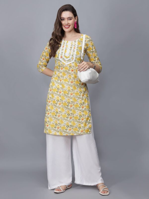 Women's Floral Print Pure Cotton Kurta (Yellow) - Etraana