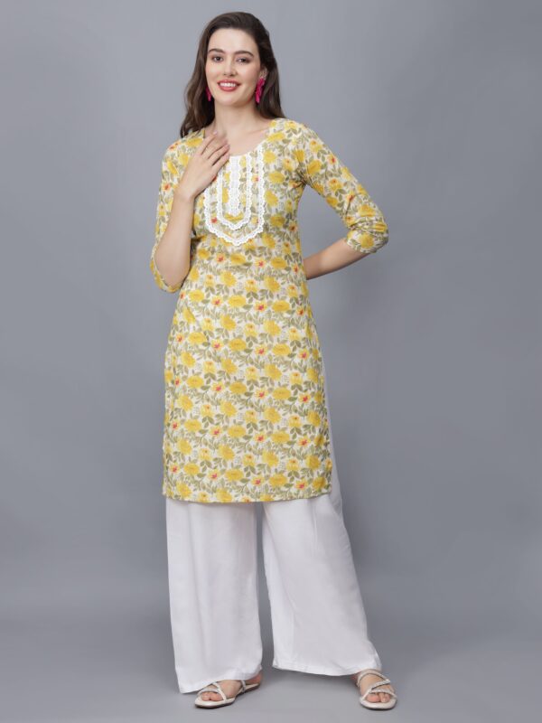 Women's Floral Print Pure Cotton Kurta (Yellow) - Etraana