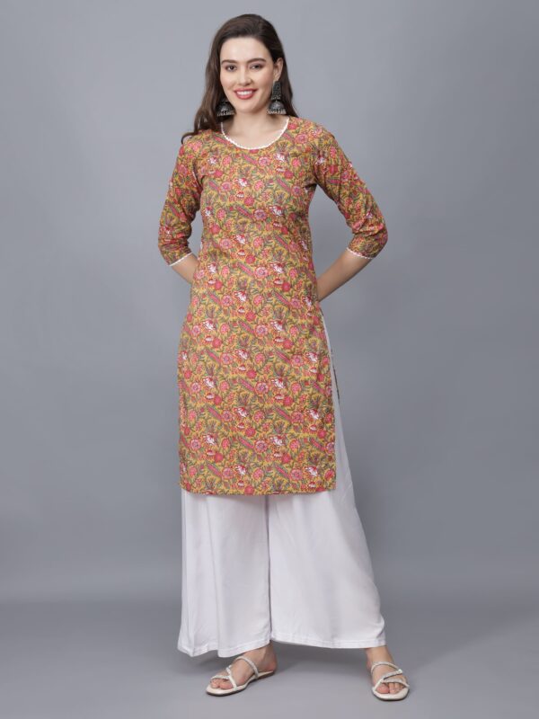 Women's Round Neck Floral Print Cotton Kurta (orange)- etraana.com