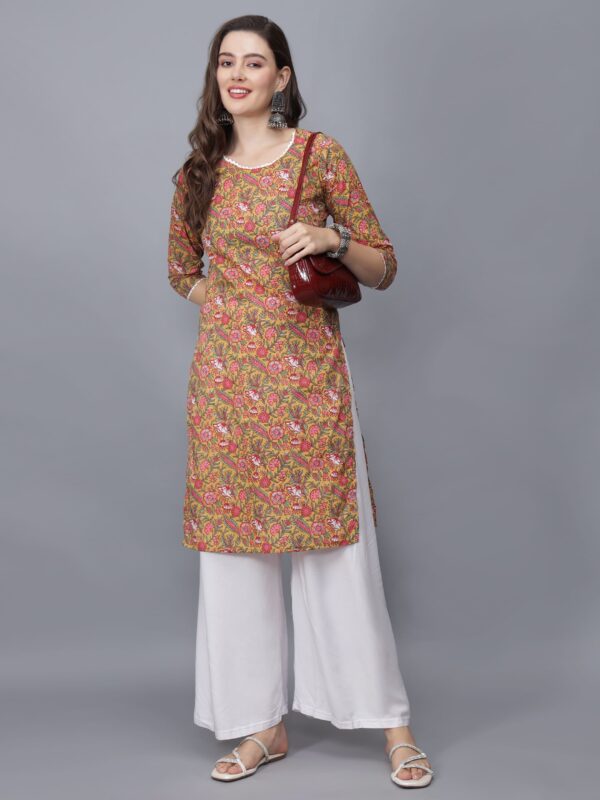 Women's Round Neck Floral Print Cotton Kurta (orange)