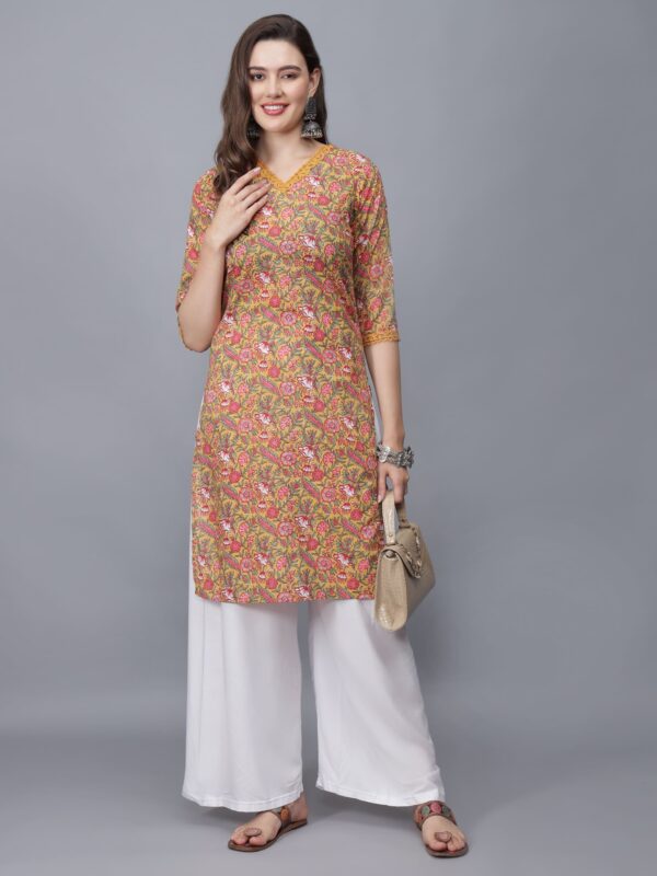 Women's V-Neck Floral Print Pure Cotton Kurta (Mustard) -Etraana.com