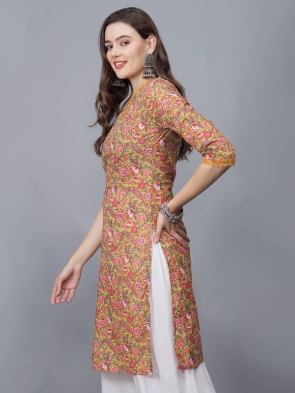 Women's V-Neck Floral Print Pure Cotton Kurta (Mustard) -Etraana.com