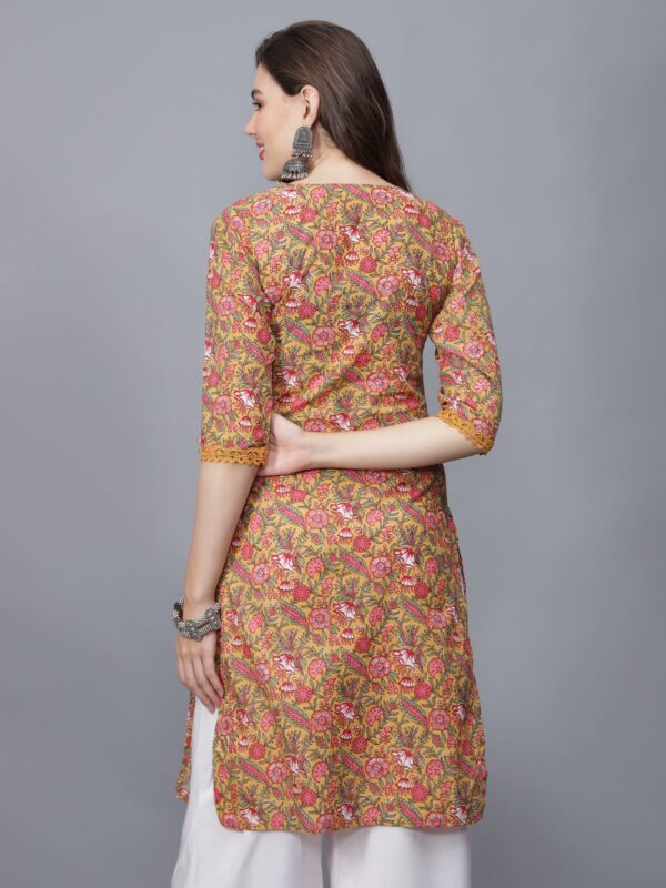 Women's V-Neck Floral Print Pure Cotton Kurta (Mustard) -Etraana.com