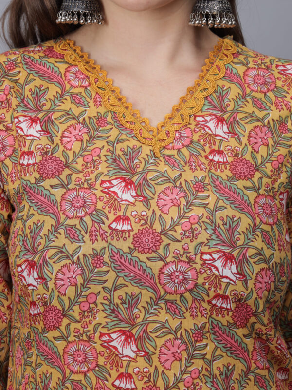 Women's V-Neck Floral Print Pure Cotton Kurta (Mustard) -Etraana.com