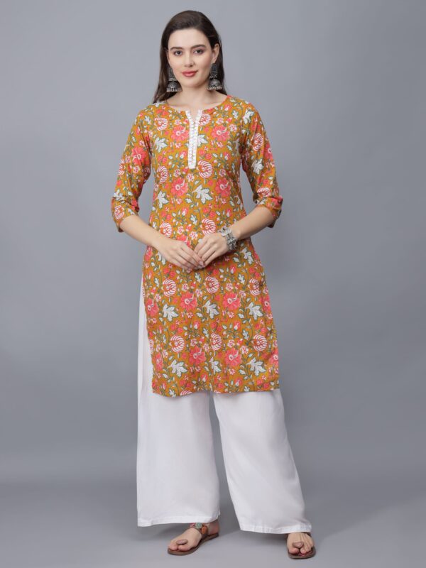 Women Floral Print Pure Cotton Kurta (Mustard) - Front Etraana