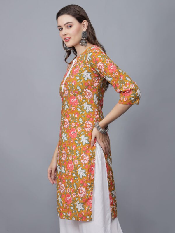 Women Floral Print Pure Cotton Kurta (Mustard) - side -Etraana