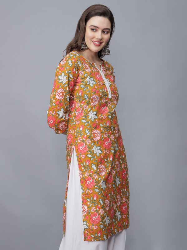 Women Floral Print Pure Cotton Kurta (Mustard) - side -Etraana