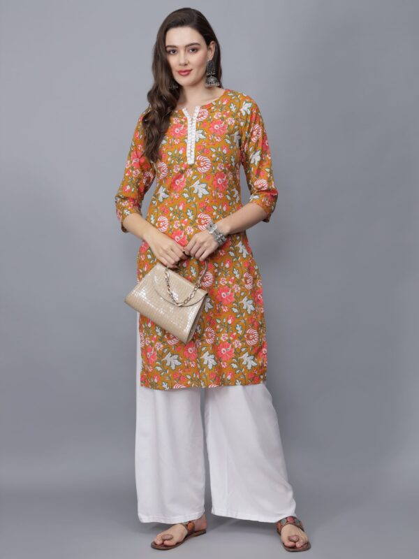 Women Floral Print Pure Cotton Kurta (Mustard) - Front Etraana