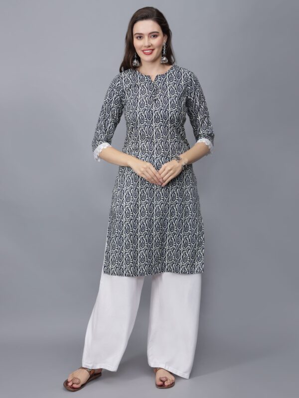 Women's Blue Floral Print Pure Cotton Straight Kurta - etraana.com