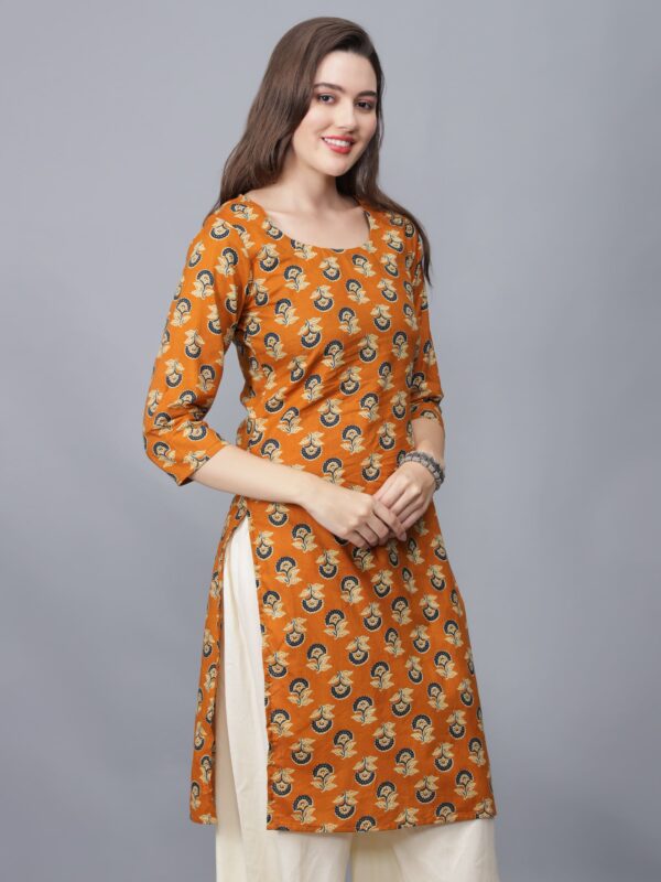 Women's Mustard Round Neck Cotton Kurta - Etraana.com