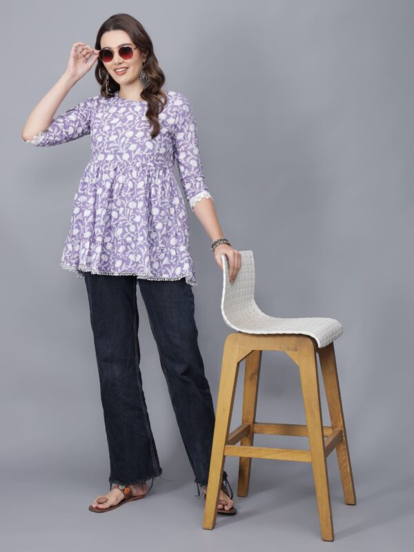 Women's Round Neck Pure Cotton Short Kurti (Purple) -Etraana.com