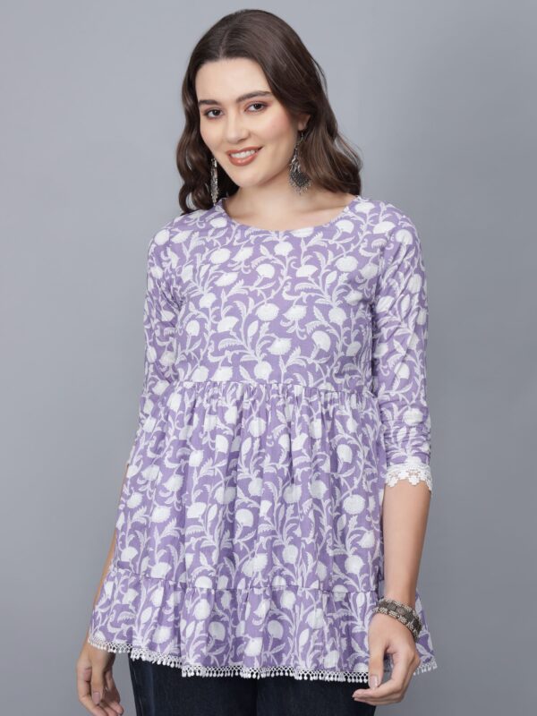 Women's Round Neck Pure Cotton Short Kurti (Purple) -Etraana.com