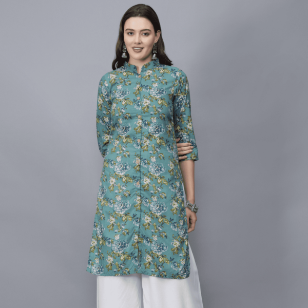 Women's Floral Print Cotton Kurta (green)-etraana.com