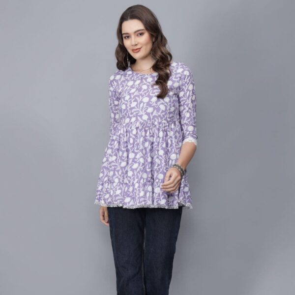 Women's Round Neck Pure Cotton Short Kurti (Purple) -Etraana.com