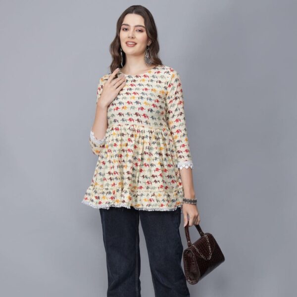 Women's Round Neck Pure Cotton Short Kurti (Yellow) -Etraana.com