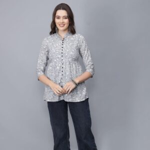 Women's Collar Neck Pure Cotton Short Kurti (Grey)-Etraana.com