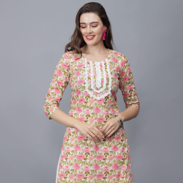 Women's Floral Print Pure Cotton Kurta (Beige) - Etraana.com