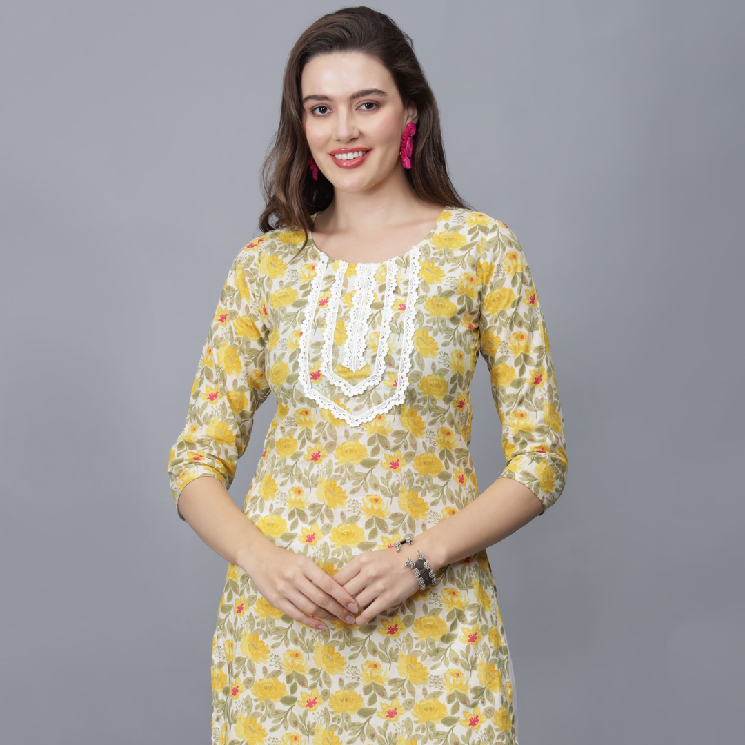 Women's Floral Print Pure Cotton Kurta (Yellow) - Etraana