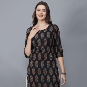 Women's Black Round Neck Cotton Straight Kurta - Etraana