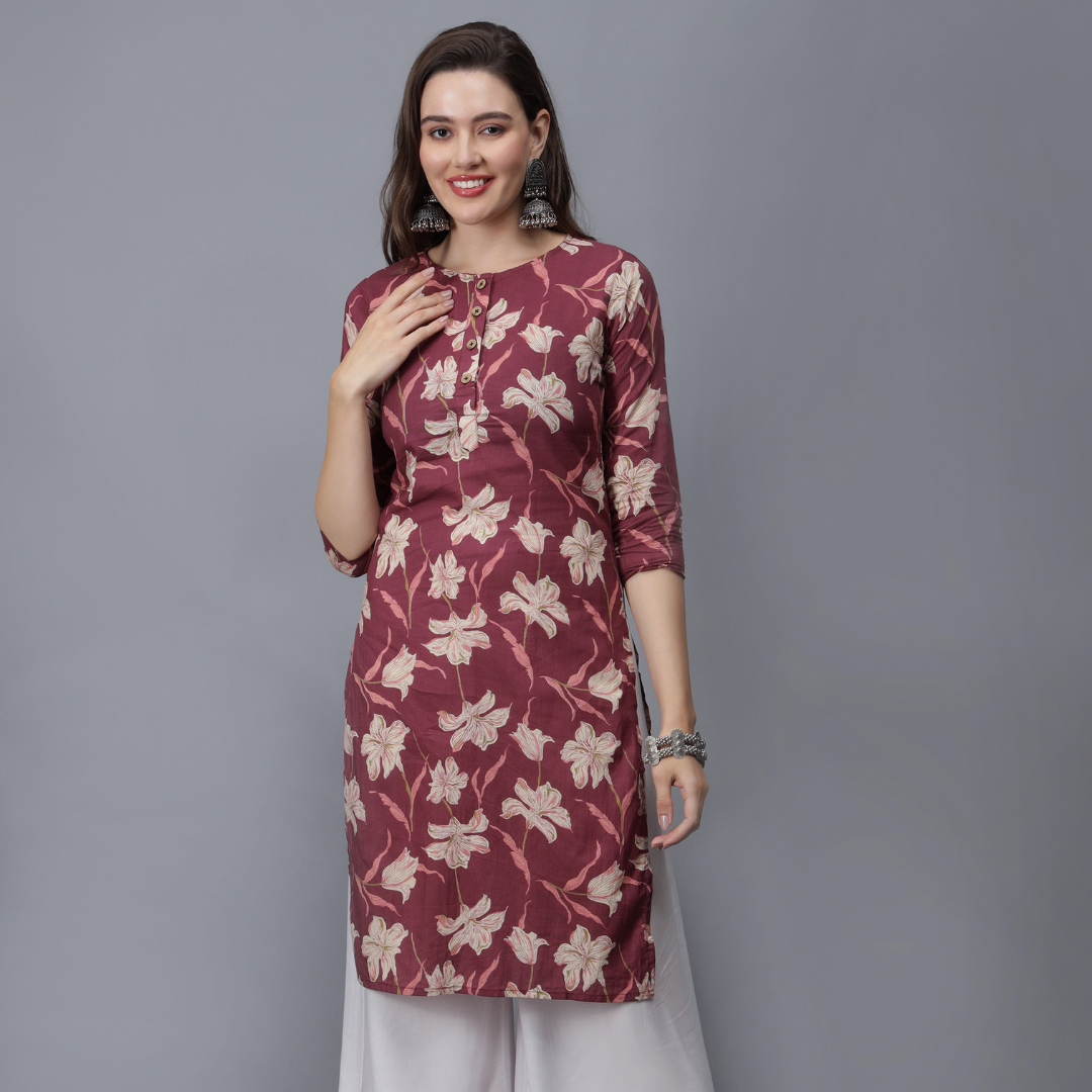 Women Floral Print Pure Cotton Kurta Front - Etraana