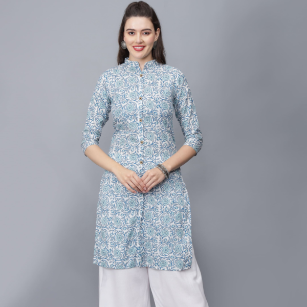 Women's Floral Print Cotton Kurta (Blue)-etraana.com