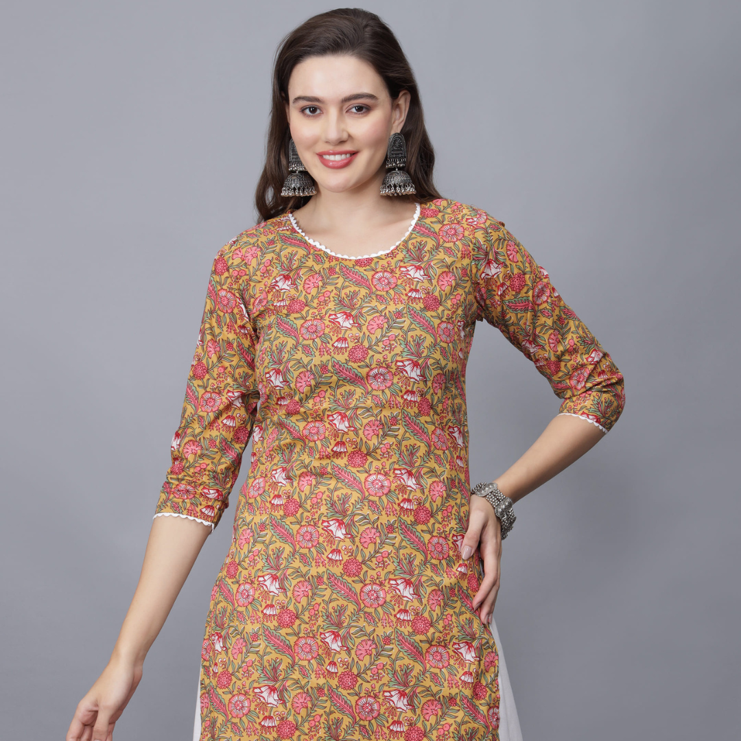 Women's Round Neck Floral Print Cotton Kurta (orange)- etraana.com