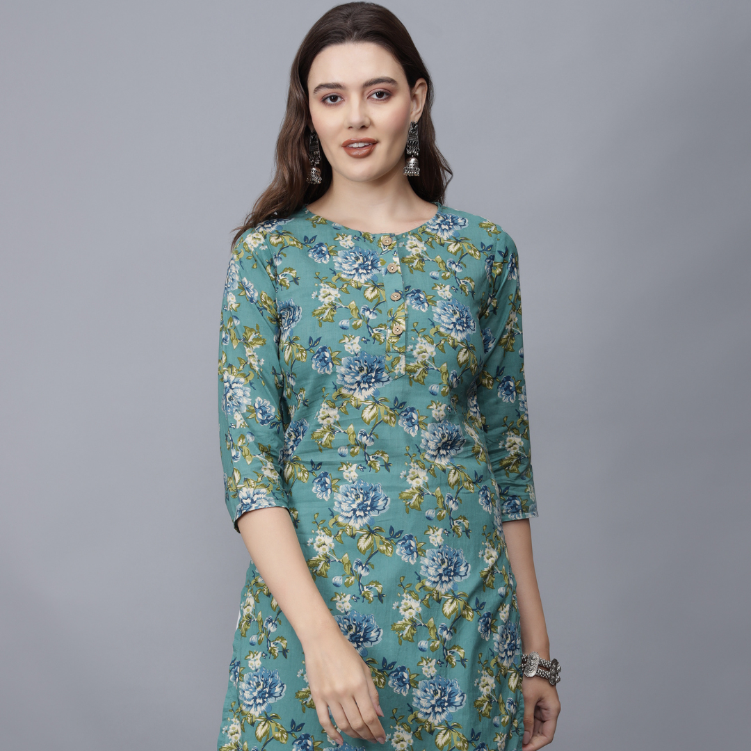 Women Floral Print Pure Cotton Kurta Front - Etraana