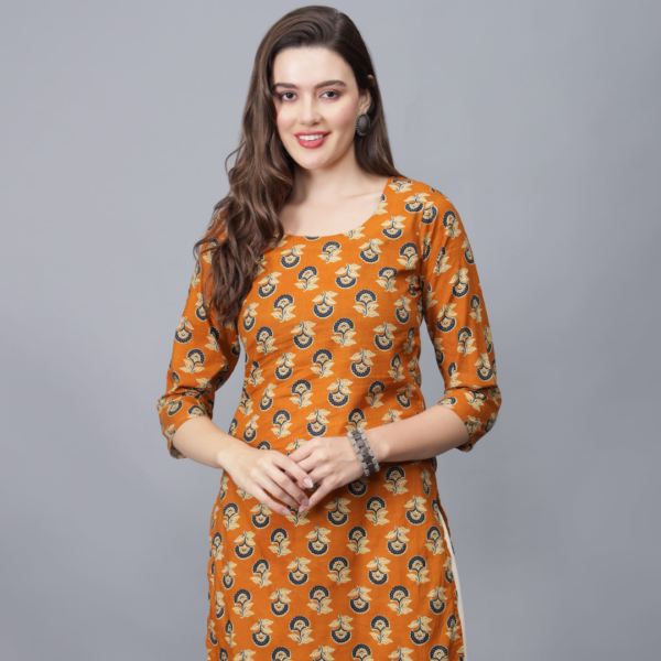 Women's Mustard Round Neck Cotton Kurta - Etraana.com