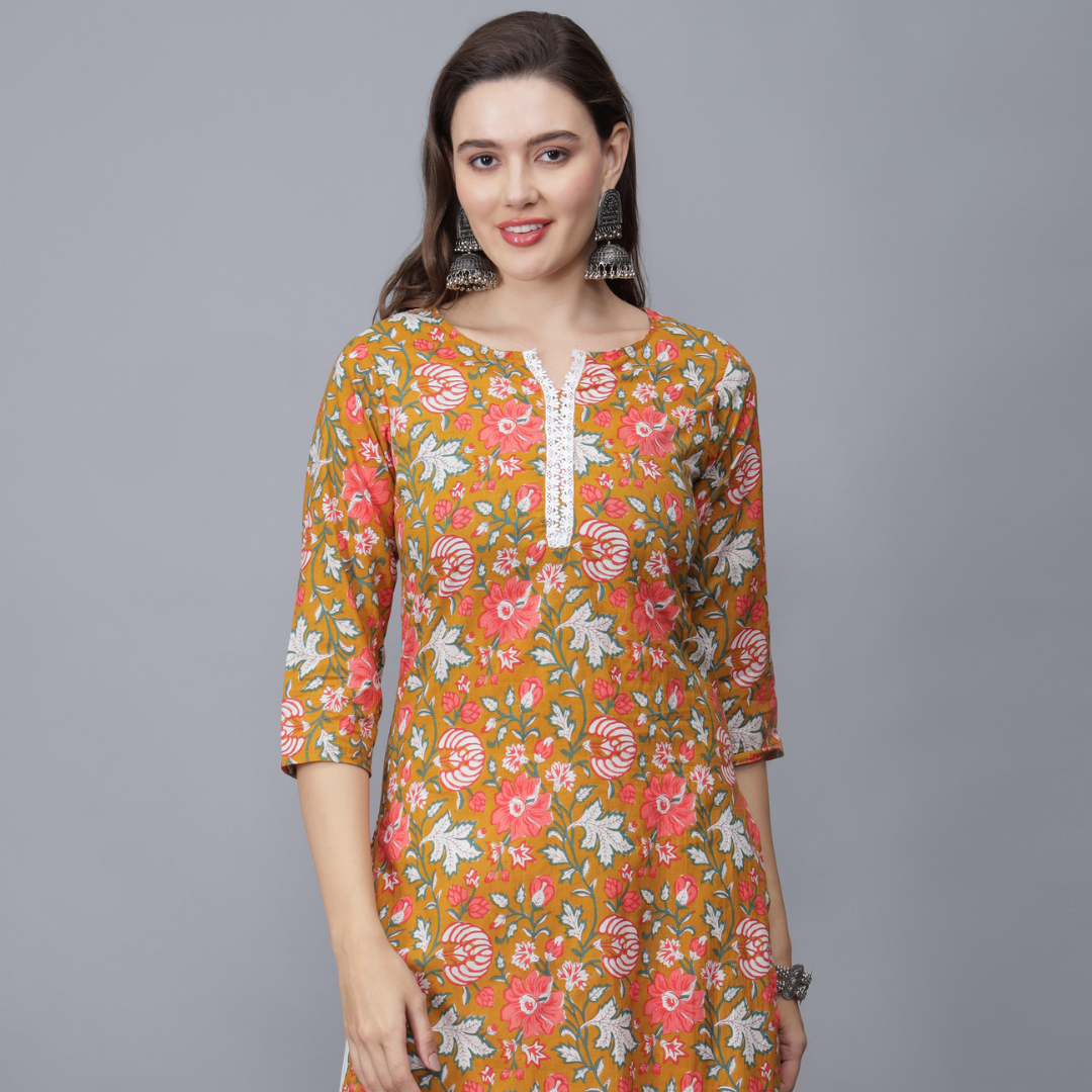 Women Floral Print Pure Cotton Kurta (Mustard)